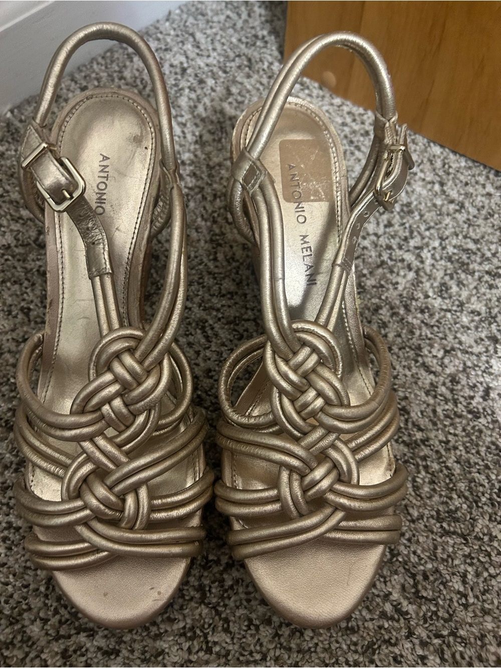 ANTONIO MELANI Metallic Gold Wedge Knotted Strappy Heels